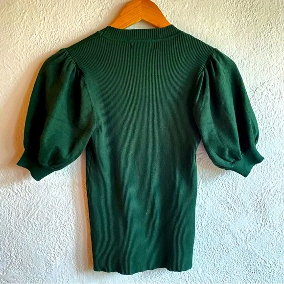 SALE Tahari Blouse Dark Green Ribbed Knit Puff Sleeve Stretchy Top Size M - Picture 3 of 8